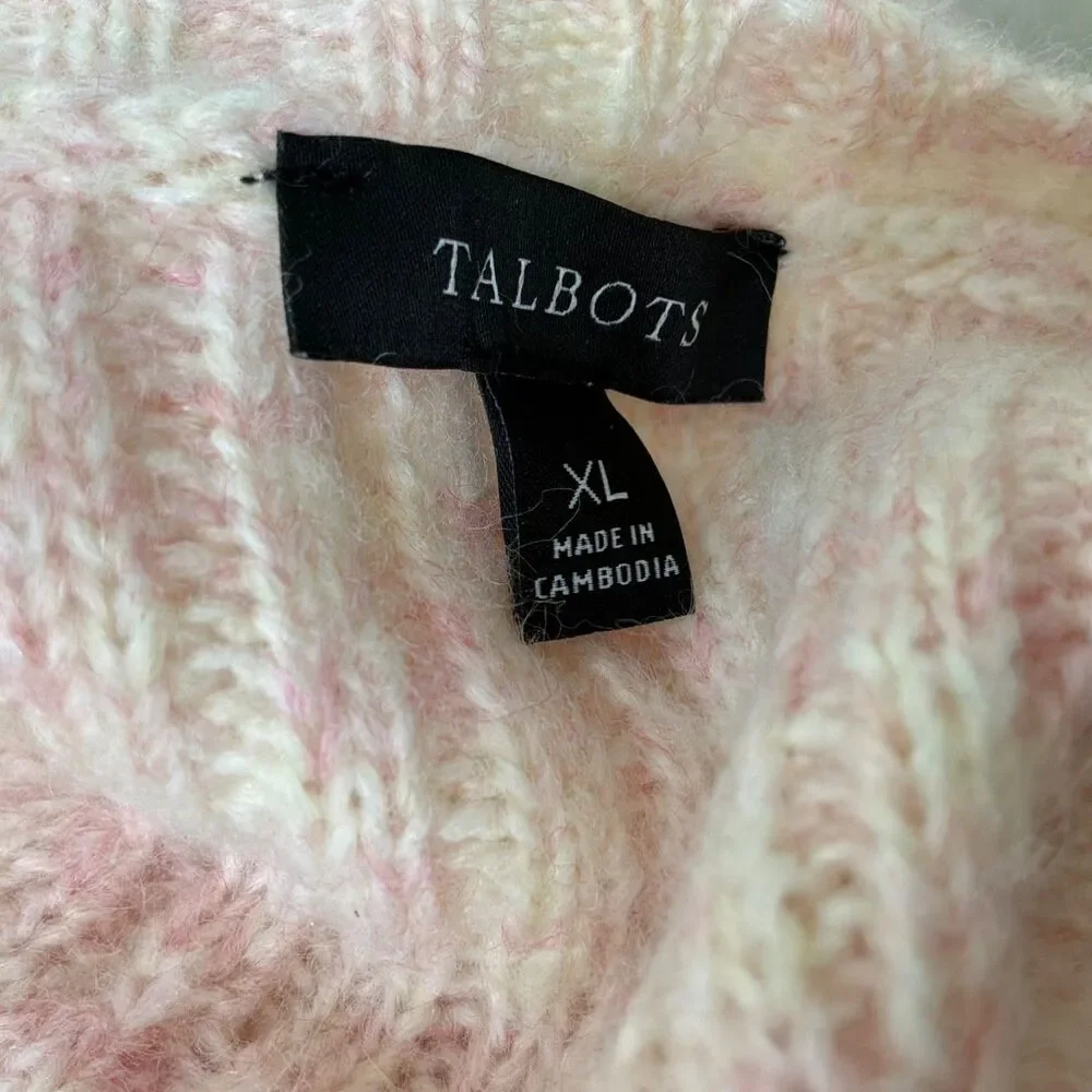 Talbots  Merino Wool Blend Chunky Cable Knit Sweater XL balloon sleeves pink